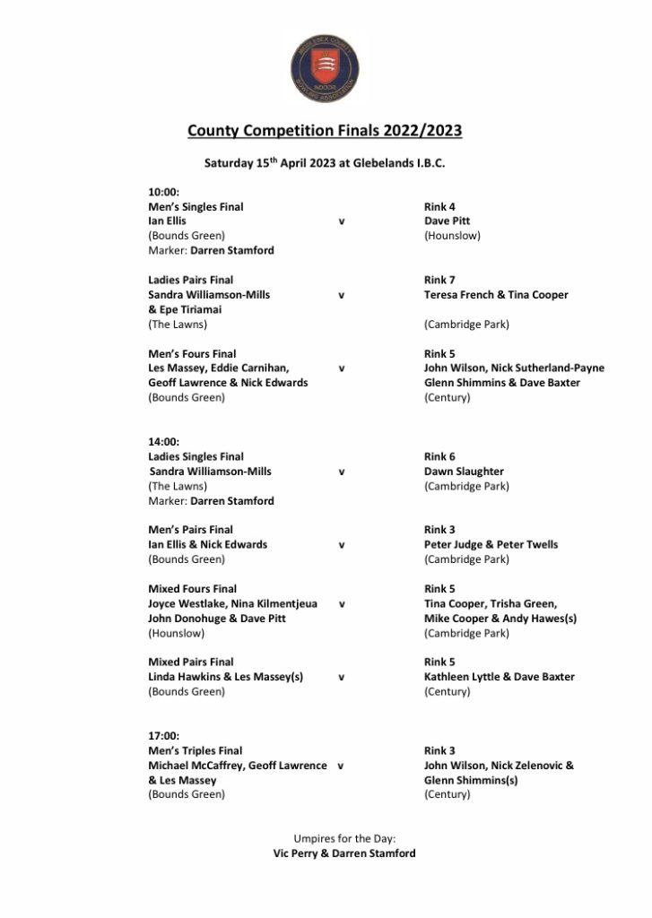 MIddlesex Indoor Finals Saturday 15th April Cambridge Park Bowls Club